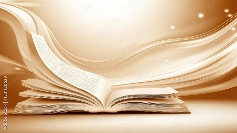 Poster open book with pages turning against swirling abstract background
