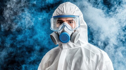 Person in protective gear stands against a smoky blue background, emphasizing safety and health