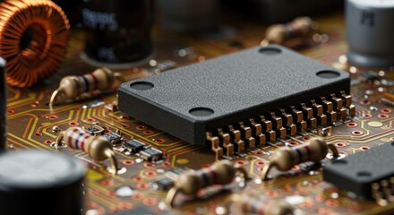 Close-up of a microchip on a circuit board with resistors and capacitors in a tech environment