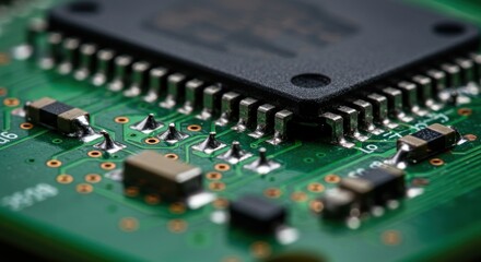 Close-up of a microchip on a green circuit board showcasing intricate electronic components and connections