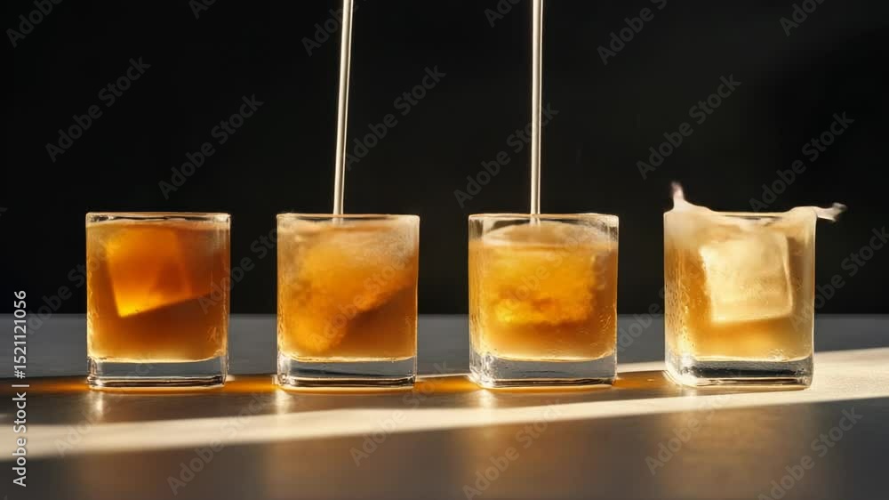 Aufkleber Three glasses filled with different types of drinks on a table or counter
