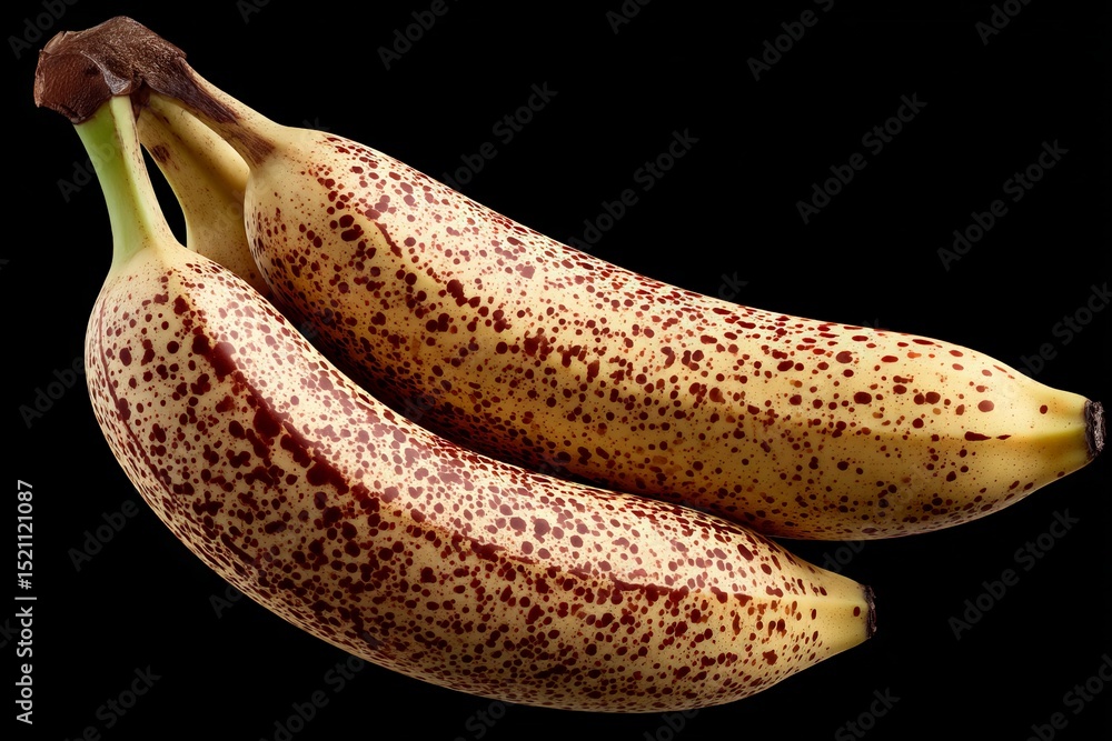 Poster ripe bananas with spots displayed against a black background showcasing their vibrant color and text