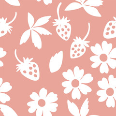 White strawberry and flower silhouette pattern on pink background seamless pattern for fabric, textiles, clothing, wallpaper, cover, banner, home decor, florals backgrounds