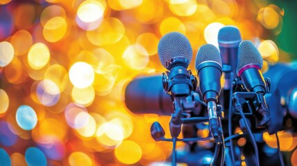 Close-up of multiple microphones in front of a colorful, blurred background with lights