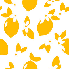 Yellow lemon with green leaves pattern on light background seamless pattern for fabric, textiles, clothing, wallpaper, cover, banner, home decor, florals backgrounds