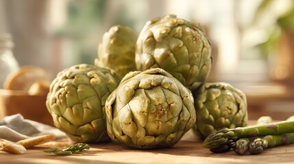 Obraz premium artistic professional photo of floating artichokes and asparagus in sunny kitchen light, perfect lighting, realistic and cinematic style