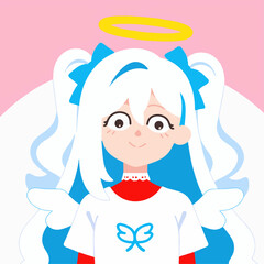 Cute Animated Angelic Girl Character with Blue Hair and Halo