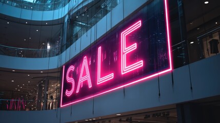 Fototapeta premium artistic professional photo of big sale poster mockup in shopping mall, glowing lights, perfect lighting, realistic and cinematic style