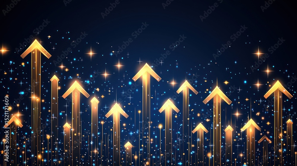Poster Arrows point upward with shimmering lights and dark background