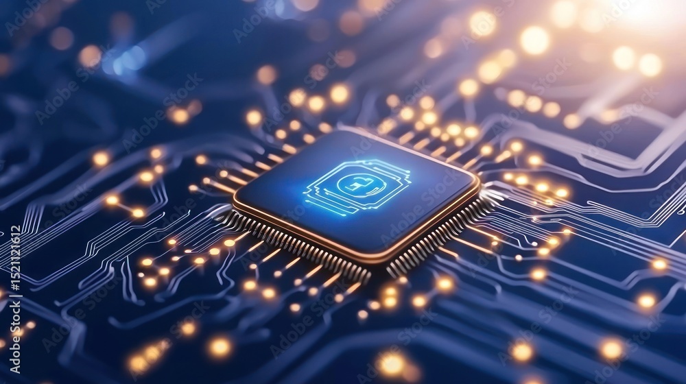 Poster a glowing blue microchip sits on a circuit board