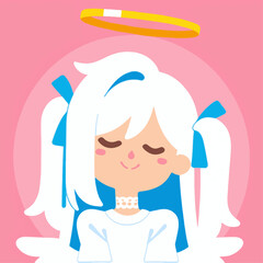 Cartoon Angel with Halo, White Hair, Blue Outfit, Pink Background