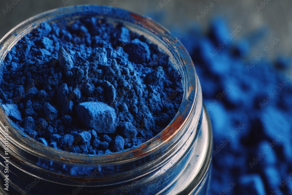 Poster vibrant blue pigment in a jar showcases fine texture and vivid color for artistic use and creative p