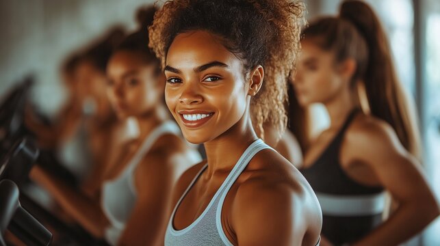 Group Workout on Elliptical Machines in Bright Gym with Diverse Athletes