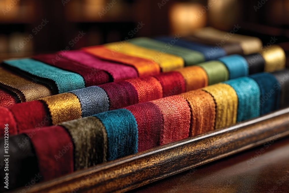 Poster colorful fabric swatches arranged neatly on display in a textile store during a bright afternoon