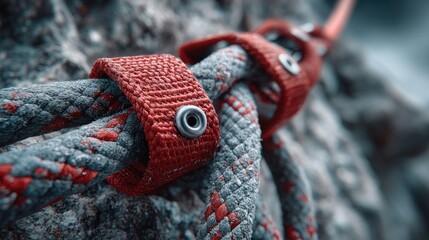 Close-up of climbing rope with red strap securing it on rough surface