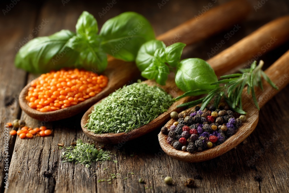 Poster colorful collection of lentils, herbs, and spices displayed in wooden spoons on a rustic table