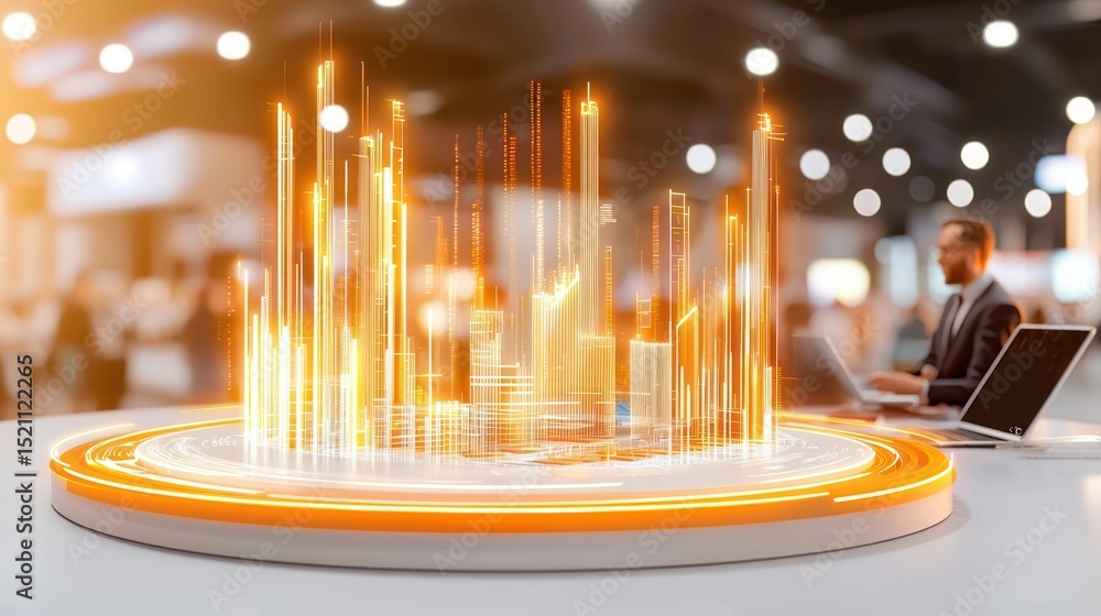 Poster Holographic model of city architecture on illuminated rotating display