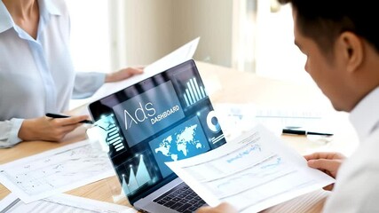 Marketing team analyzing business advertising data on an ads dashboard with charts and graphs. Digital campaign report and strategy concept. 4K video footage. - Powered by Adobe