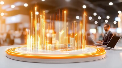 Holographic model of city architecture on illuminated rotating display