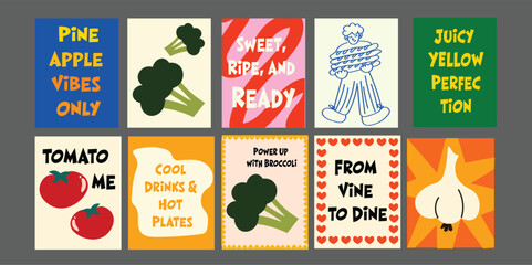 Cartoon summer food banner, perfect for bistro or restaurant promotion. Featuring fresh tomatoes, broccoli, avocado, pineapple. Ideal for seasonal menus, healthy eating ads