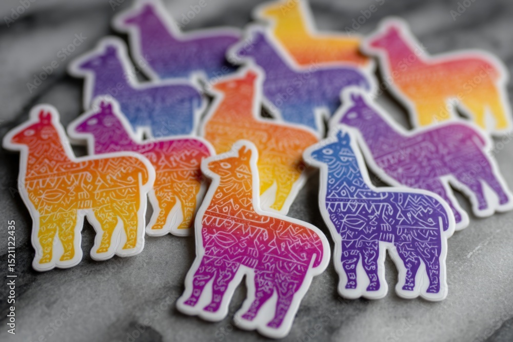Poster colorful llama stickers displayed on a textured surface capturing vibrant hues and intricate designs