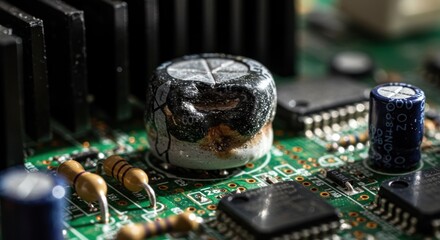 Close-up view of a circuit board showcasing electronic components, highlighting a damaged capacitor