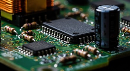 Close-up view of a circuit board showcasing intricate components and connections, ideal for technology use