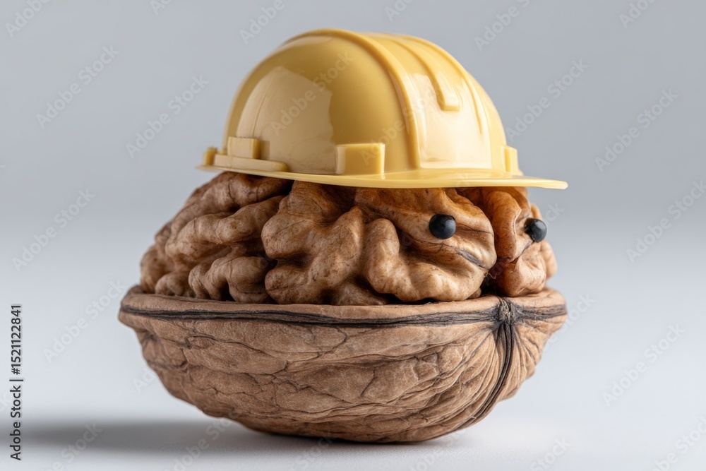 Poster uniquely crafted walnut wearing hard hat, showcasing a playful take on construction and safety in a 