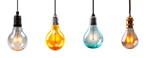 A collection of glass bulbs hanging on ropes isolated on a transparent background