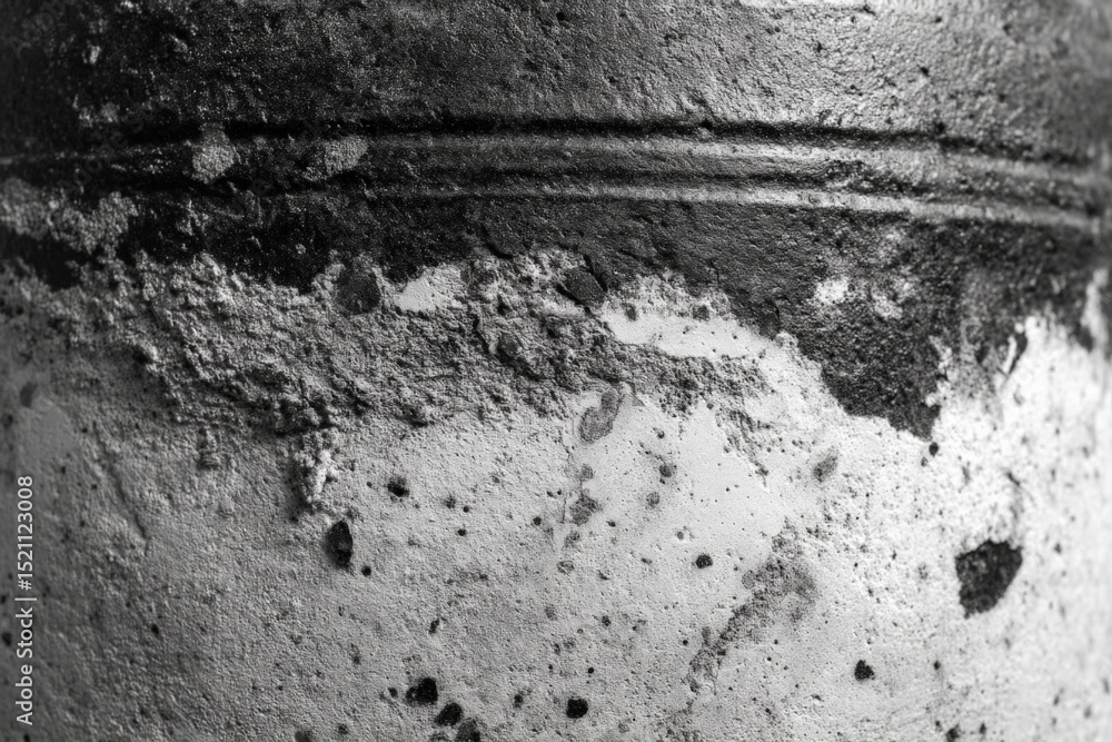Poster close-up view of textured surface showcasing wear and age of an antique ceramic pot in a muted monoc