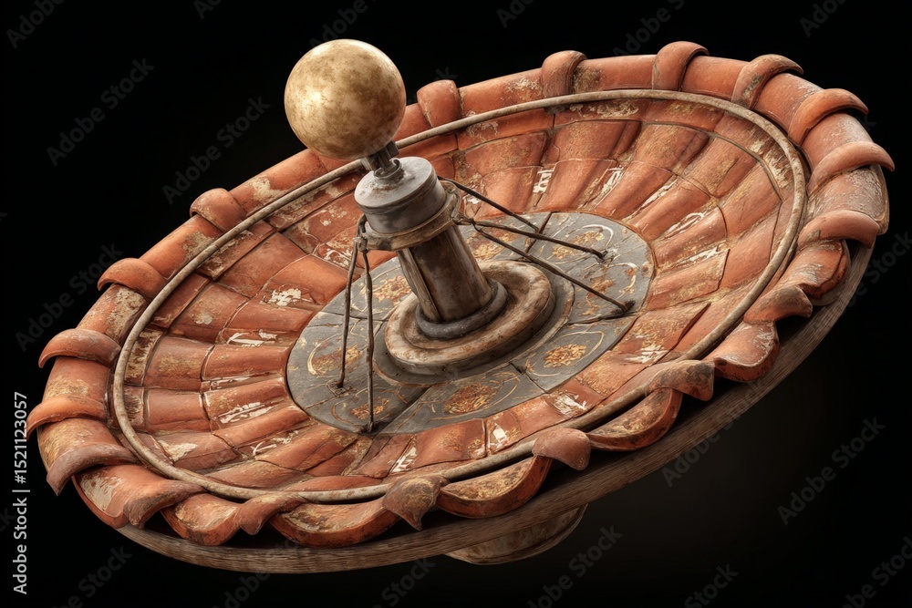 Poster vintage spinning top with intricate details on a dark background showcasing craftsmanship and design