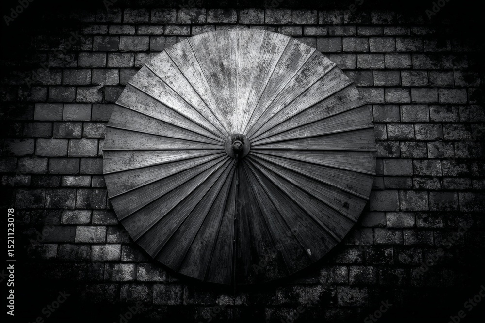 Aufkleber large rustic wooden shield mounted on a textured brick wall creating a striking contrast in black an