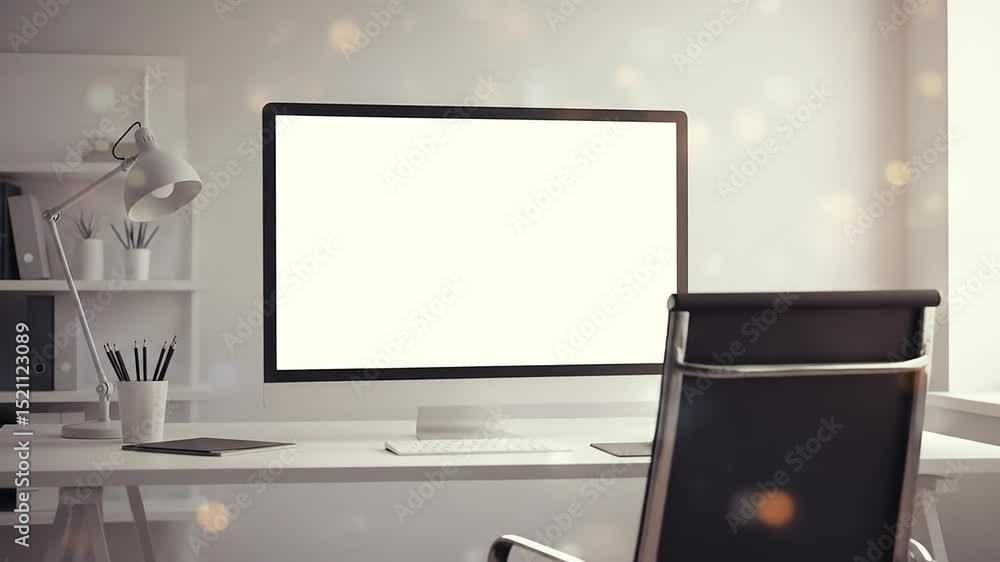 Poster modern minimalist office workspace with blank computer monitor