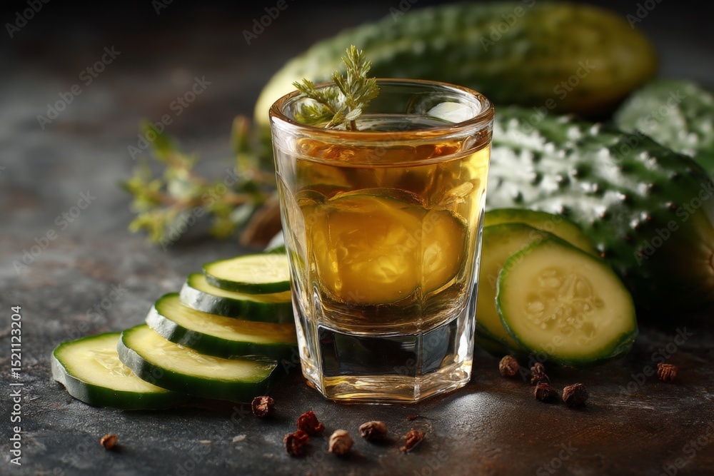 Poster Refreshing cucumber drink garnished with herbs and served with sliced cucumbers on a dark textured background