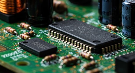 Close-up view of a circuit board showcasing microchips and electronic components in intricate design