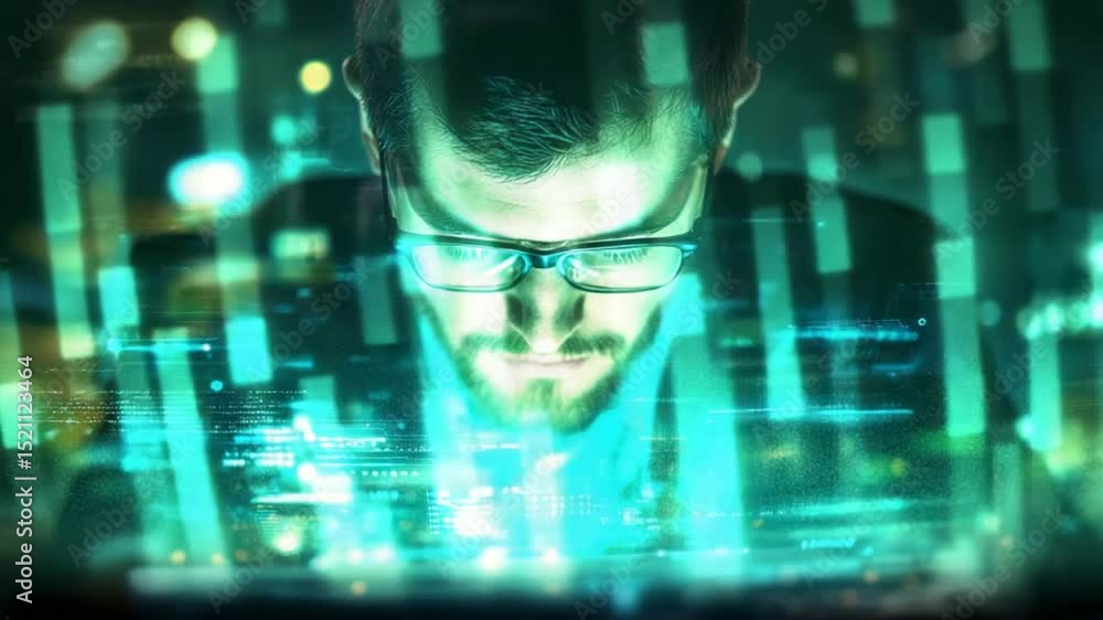 Fototapete Focused developer analyzing data in futuristic interface, software programming