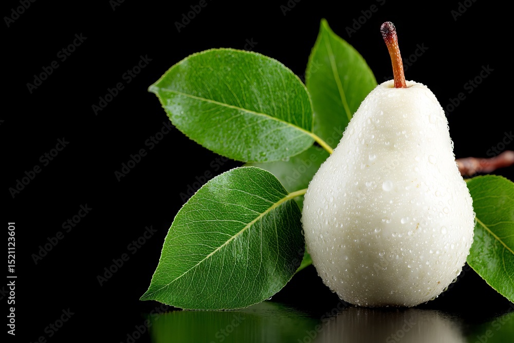 Poster fresh ripe pear with droplets of water on glossy leaves captured in a studio setting during daylight