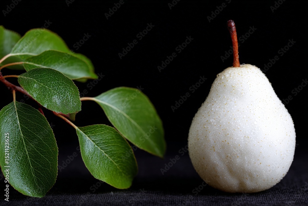 Poster white pear placed next to green leaves on a dark background in a close-up arrangement