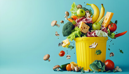 Uneaten unused spoiled vegetables thrown in the trash container. Food loss and food waste. Reducing wasted food, composting, rotten veggies in a trash