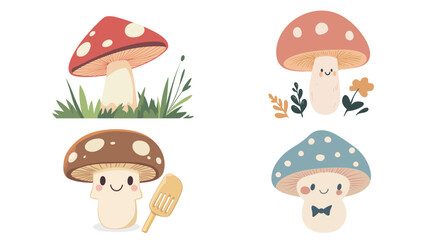 Cute cartoony mushroom vector illustration featuring bright colors, smiling face, and simple shapes, perfect for children’s books, stickers, icons, and playful graphic design projects 