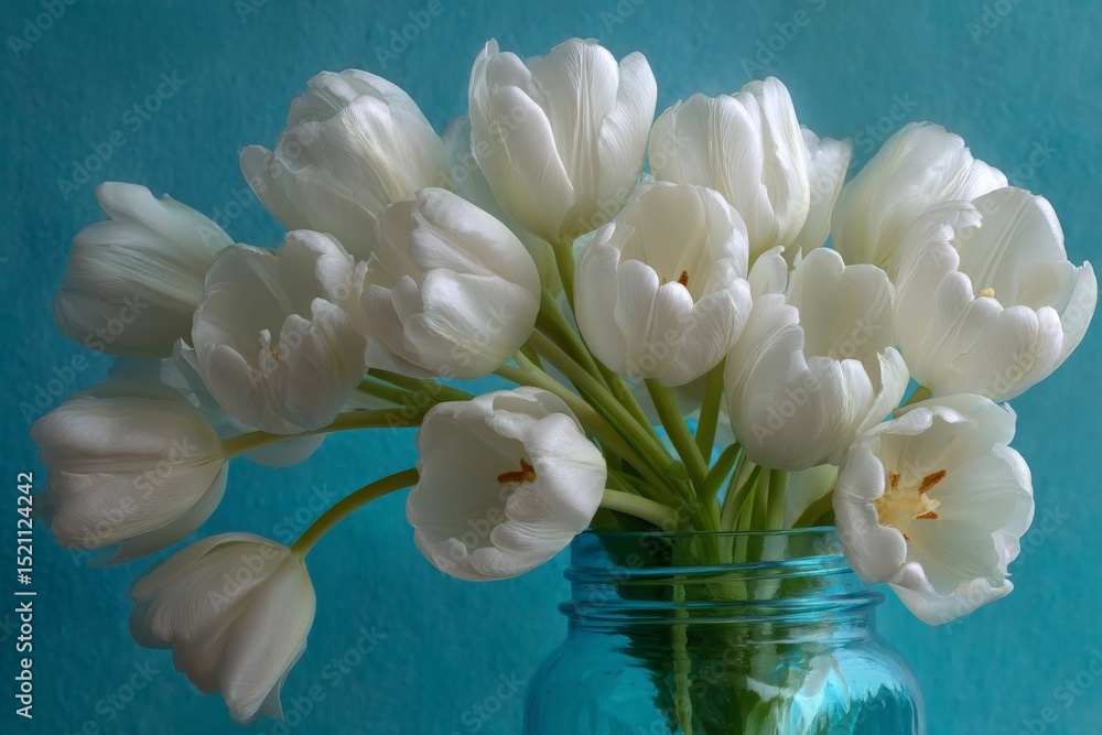 Poster fresh white tulips arranged in a mason jar against a blue background showcasing spring beauty in a s