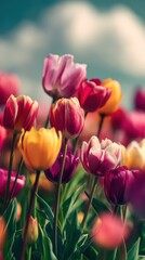 Obraz premium artistic professional photo of colorful tulips blooming in spring garden with pastel sky, perfect lighting, realistic and cinematic style