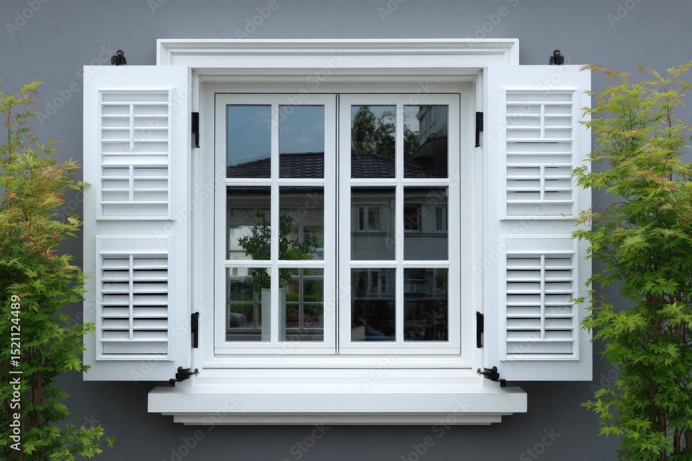 Poster elegant white window with shutters and lush greenery in a modern residential setting on a sunny day