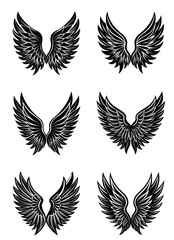 Wings icon set. Black feather wings silhouettes isolated on white. Perfect for tattoo designs, fantasy themes, or brand logos. Stylish vector illustration for graphic design projects.

