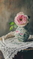 Delicate pink rose in vintage porcelain pitcher.