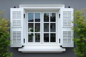 Elegant white window with shutters and lush greenery in a modern residential setting on a sunny day