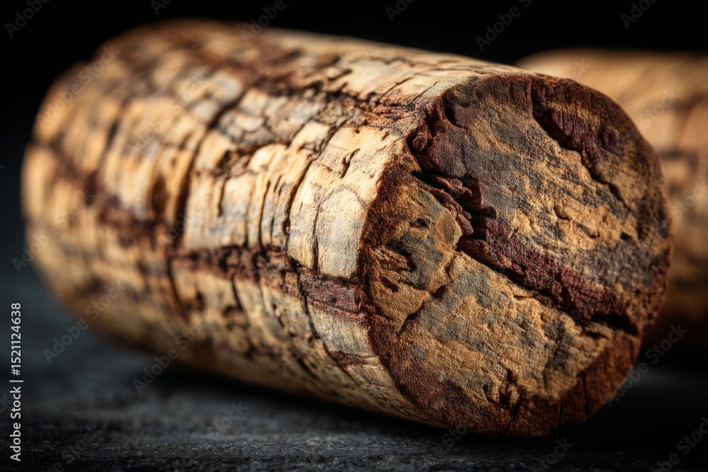 Poster detailed close-up of a natural cork stopper showcasing its unique texture and grains in a dark setti