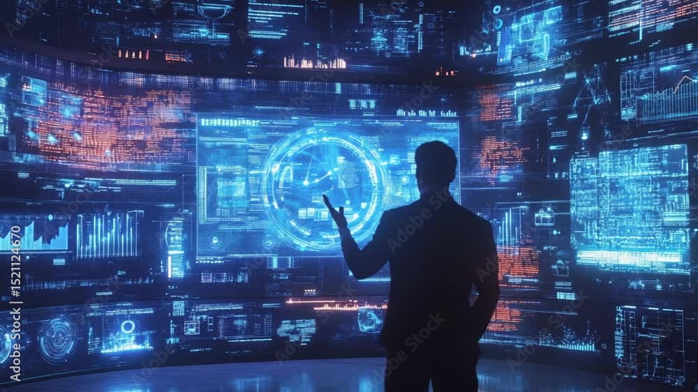 Aufkleber futuristic technology interface with data analysis and businessman interaction concept