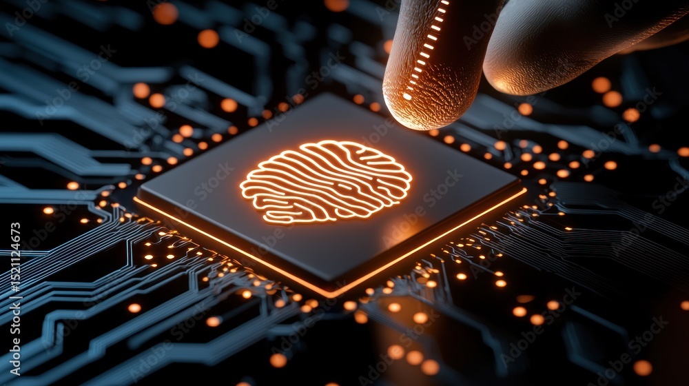 Poster Finger touching an illuminated fingerprint on a computer chip