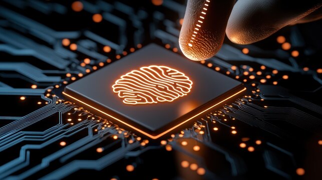 Finger touching an illuminated fingerprint on a computer chip